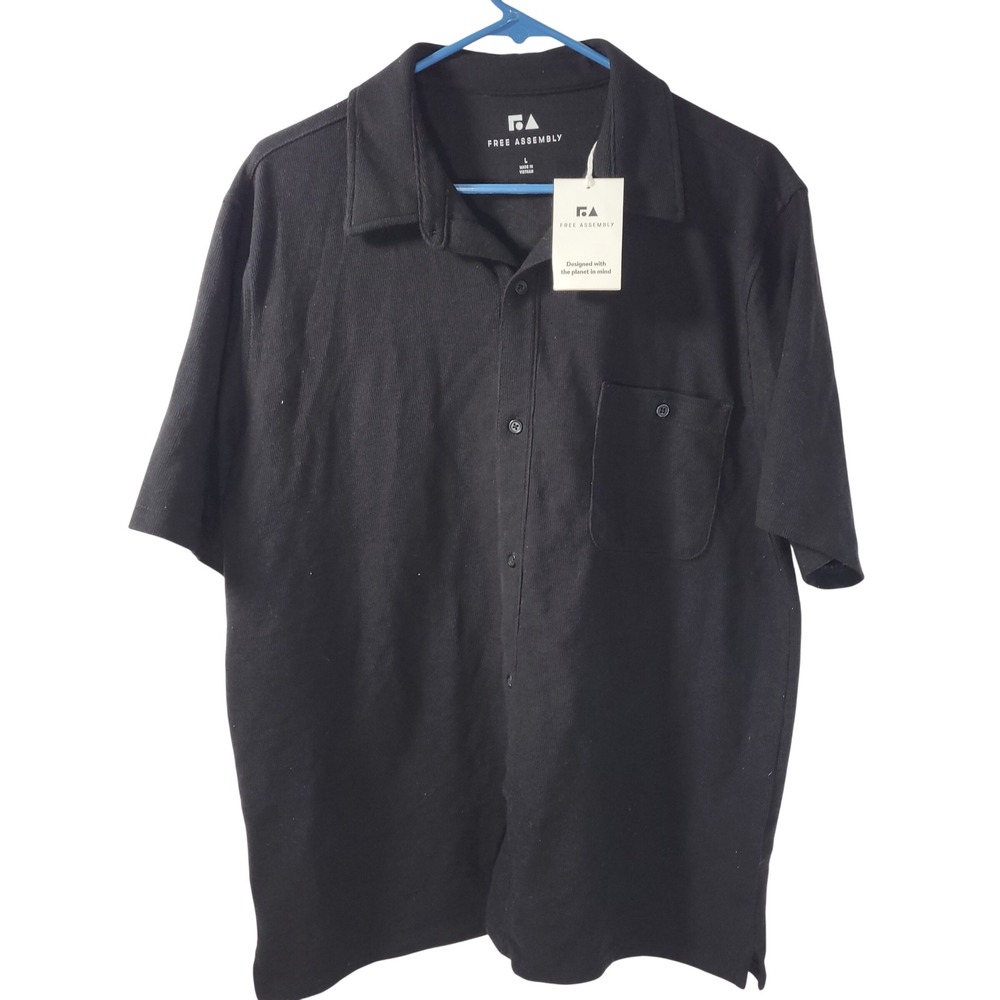 Free Assembly Mens Waffle Knit Button Up Shirt Short Sleeve Black‎ Large